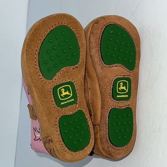 John Deere Infant Baby Girl Cowgirl Boots Pink Tan Leather Size 4 Soft Sole Grip - Picture 6 of 13